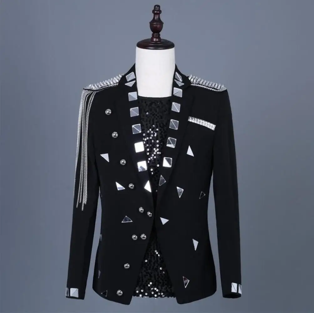 Shiny Tassel Sequin Glitter Blazer Men Black Suits Singer Stage Shiny Paillette Jacket Homme
