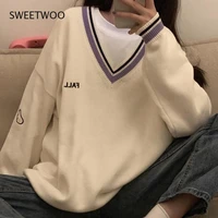2021 sweaters women letter chic vintage v neck daily oversize preppy girls knitwear fall casual all match ins womens sweater