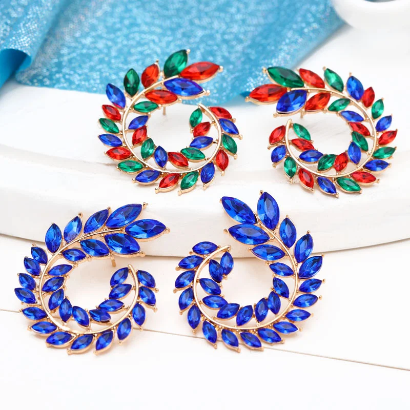 

Fashion Leaf Rainbow Diamond Crystal Stud Earrings for Women Geometric Gold Plated Push Back Earring Party Jewelry Gifts