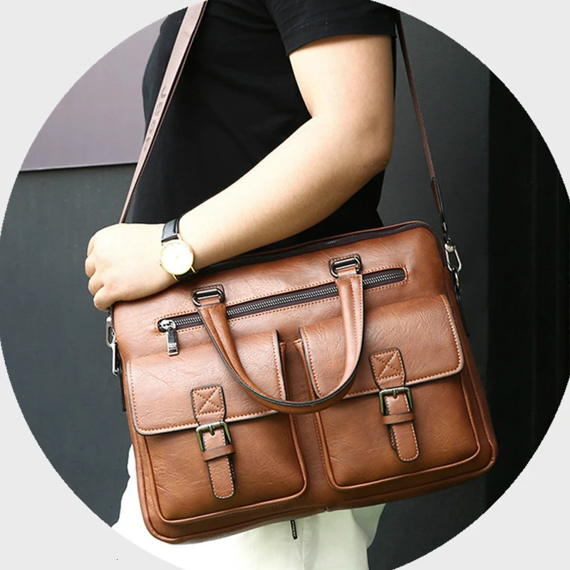 Fashion Men Briefcases Leather Handbag Men's Business Messenger Bag Two Pocket Soft Handle Laptop Bags Bolso Bandolera Hombre