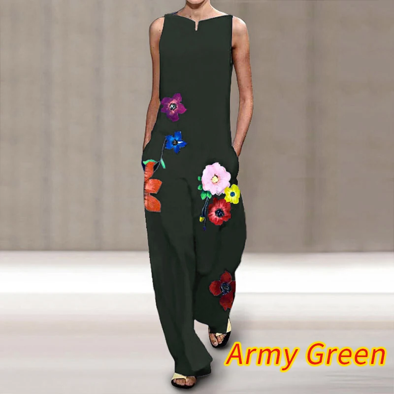 Womens Sleeveless Jumpsuits 2021 Women Rompers Sexy V Neck Printed Playsuits VONDA Plus Size Wide Leg Pants Casual Overalls