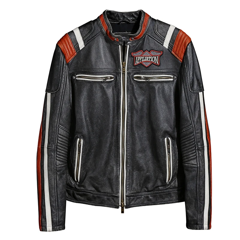 

2021 Real Natural Cowhide Winter Slim Fit Biker Coat Vintage Black Genuine Leather Jacket Men Motorcycle Style Plus Size 5XL