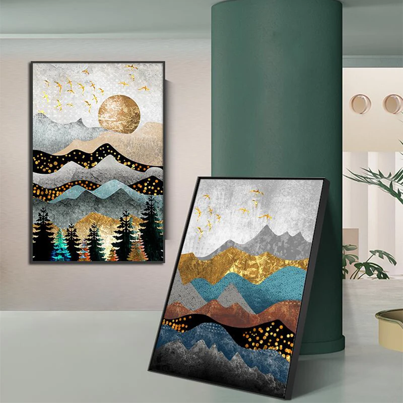 

Nordic Abstract Art Sunset Forest Posters Mountain Landscape Canvas Paintings Modern Wall Pictures for Living Room Bedroom Decor