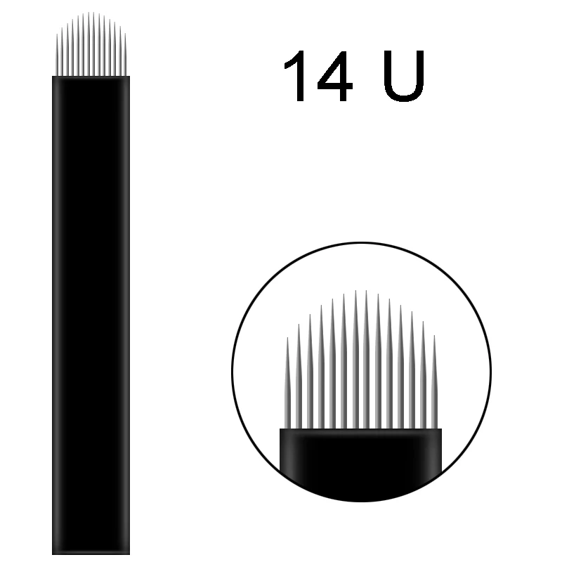 lamina 14U 50pcs Black 0.16mm Microblading Needles 7/9/11/12/14/16/17/18 Pins Nano Blade For Permanent Makeup Eyebrow Laminas Tebori - Size: lamina 14U