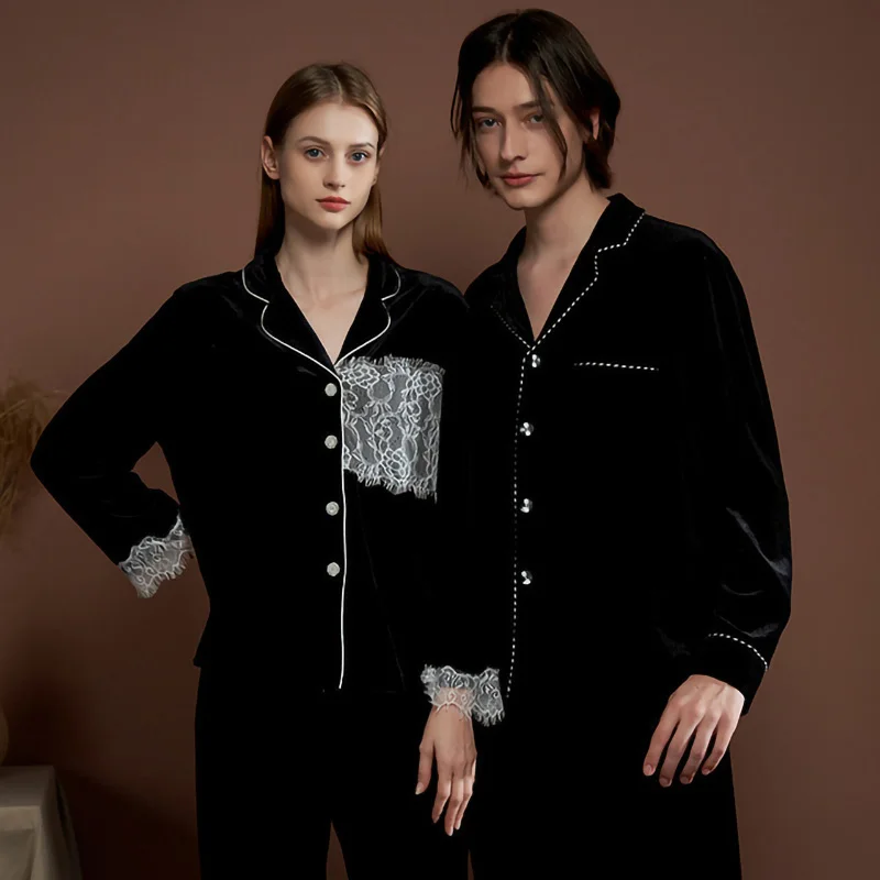 

Lace edge pajamas women's autumn winter new suit collar velvet two-piece set of long sleeved trousers cardigan home clothes
