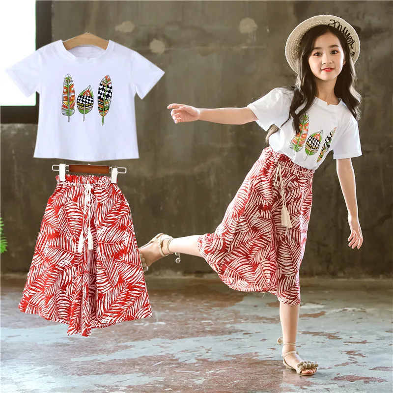 

Kids 2021 Girls Summer New Sets Children's Printed Leaf Culottes Wide Leg Pants Two-Piece Suit Trendy GT02