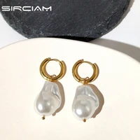korean irregular big pearl hoop earrings for women stainless steel huggie earring asymmetry ear ring fashion jewelry accessories