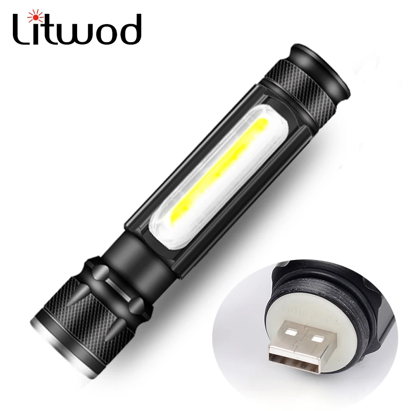 

Built-in Battery USB Rechargeable LED Flashlight Torch Aluminum Lanterna Camping runing 2000LM XM-L T6 COB Zoomable 3 Modes