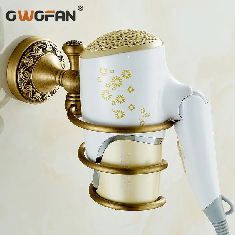 

Hair Dryer Holders Bathroom Shelves Antique Wall Mounted Rack Brass Hair Dryer Storage Organizer Bathroom Hardware 8320F