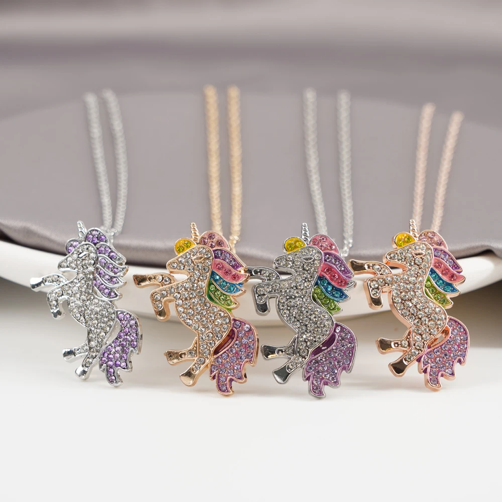 

LeeSell Fashion Purple Colorful White Crystal Unicorn Metal Pendant Chain Necklace Women Girl Jewelry Gift