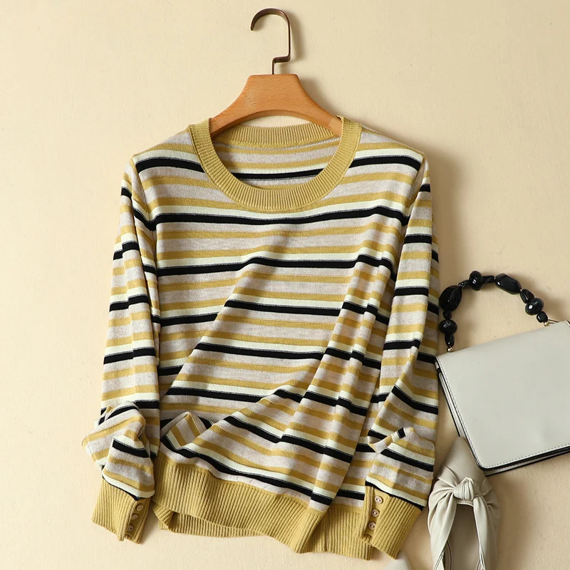 

Autumn Winter 2021 New Loose Short Stripe Round Neck Long Sleeve Pullover Women'S Sweater Fashion Commuter