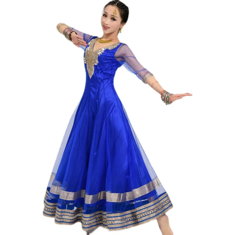 

Indian Dance Costumes Long Sleeve Sequin Mesh Gauze Saree Suit Bollywood Dance Clothing Oriental Dance Dress For Women
