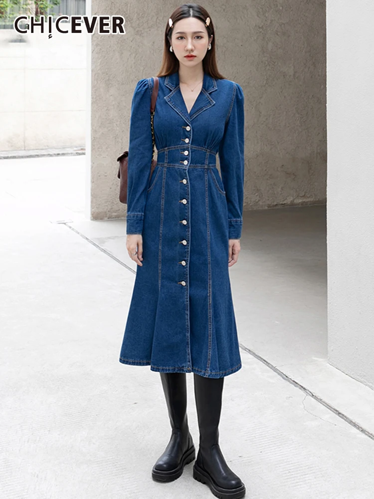 

CHICEVER Vintage Blue Denim Dress For Women Lapel Long Sleeve High Waist Fold Pleated A Line Midi Skirts Female 2021 Clothes New