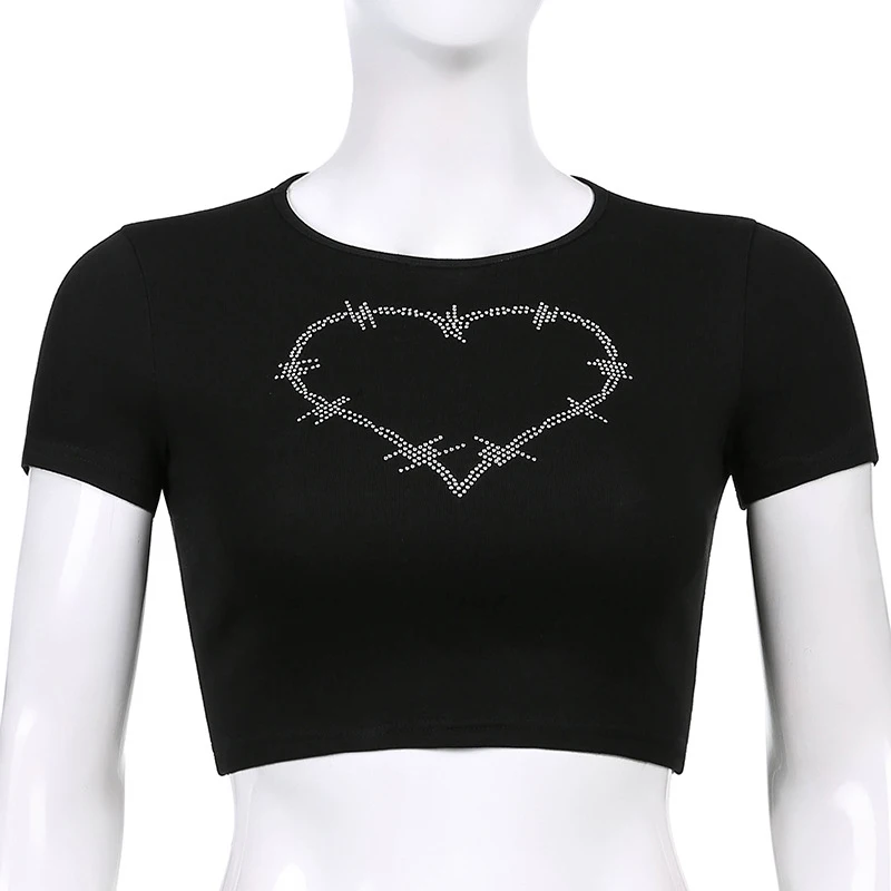 

Goth Dark 90s Streetwear Gothic Harajuku Sequined T-Shirts EGirl Y2k Black Red Bodycon Women Crop Tops Crewneck Short Sleeve Tee