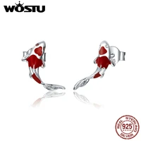 wostu 100 real 925 sterling silver red koi stud earrings for women exquisite small earrings wedding jewelry gift cqe812