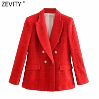 zevity women england style double breasted texture tweed woolen blazer coat office ladies long sleeve red suits chic tops ct696