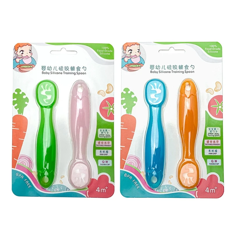 

2PCS Lovely Baby Learning Spoons Set Infant Toddler Anti-slip Feeding Training Utensils Tableware Silicone Teether