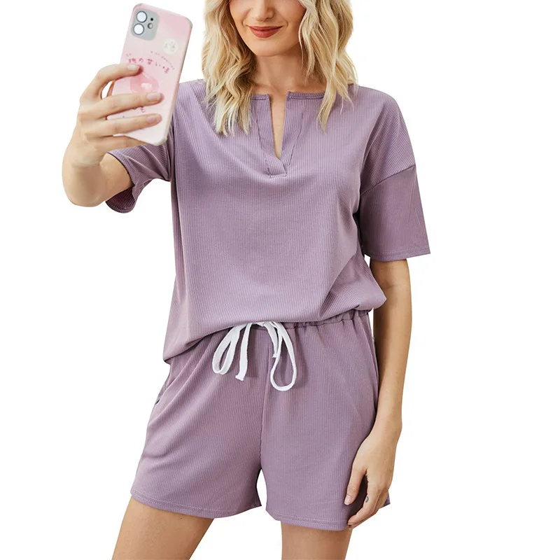 

2021 summer new household pure color short sleeve leisure wears outside two suits women 2 pieces sets
