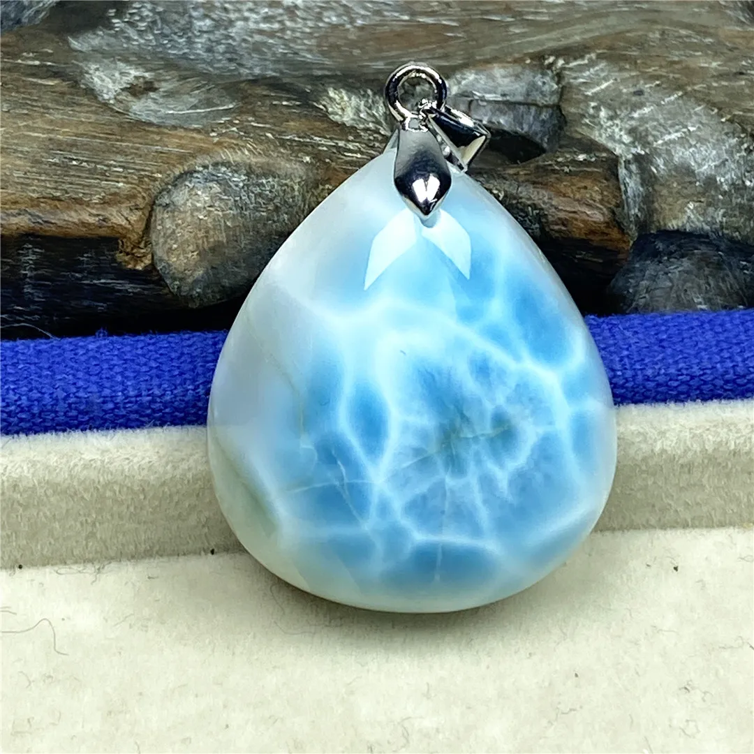 

Necklace Pendant Natural Blue Larimar Woman Man Crystal Healig Love Luck Beads Silver Dominica Water Pattern Stone Jewelry AAAAA