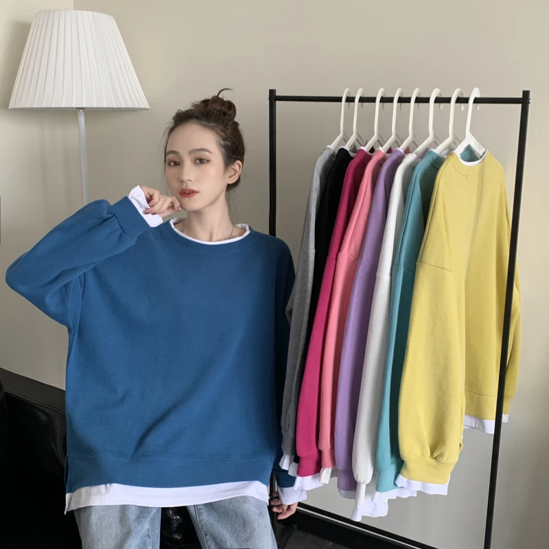 

Spring Autumn Korean Harajuku Sweatshirts Women Chic O Neck Fake Two Pieces Patchwork Loose All-match Ulzzang Hoodies for Female