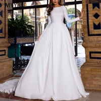 myyble vintage a line wedding dress 2021 reflective dress button slit long sleeve court train fluffy simple bridal gown