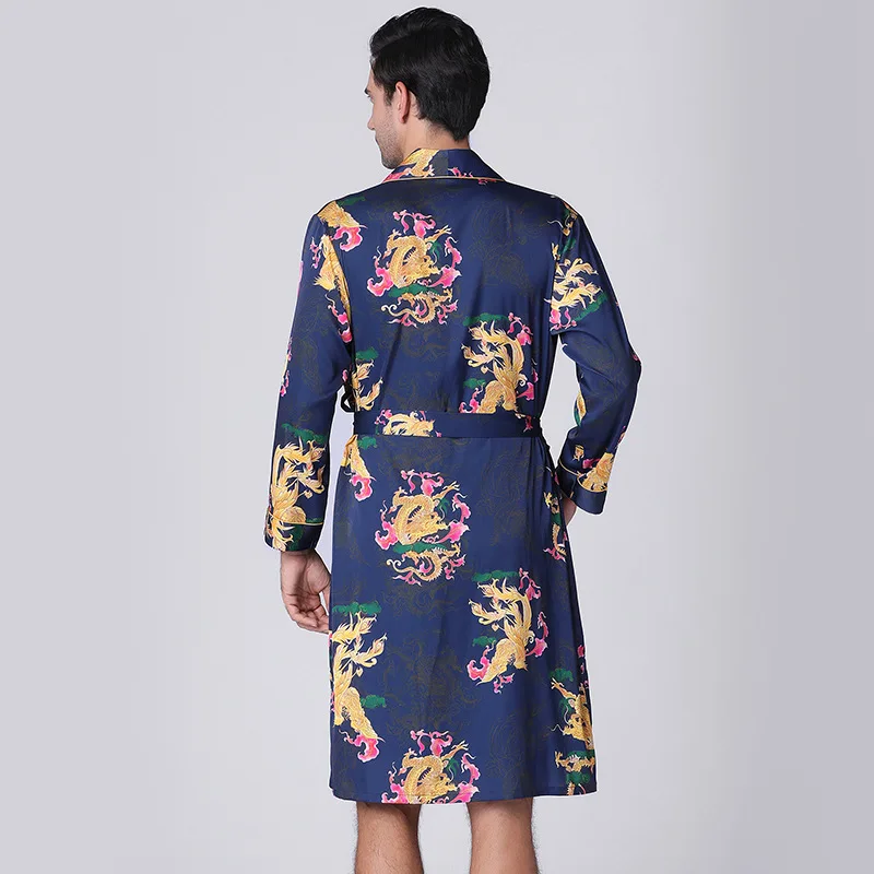 

Smooth Silk Satin Bathrobe Men Spring Summer Dragon Print Mens Knee Length Bath Robe Sleepwear Men Long Sleeve Nightgown Pajamas