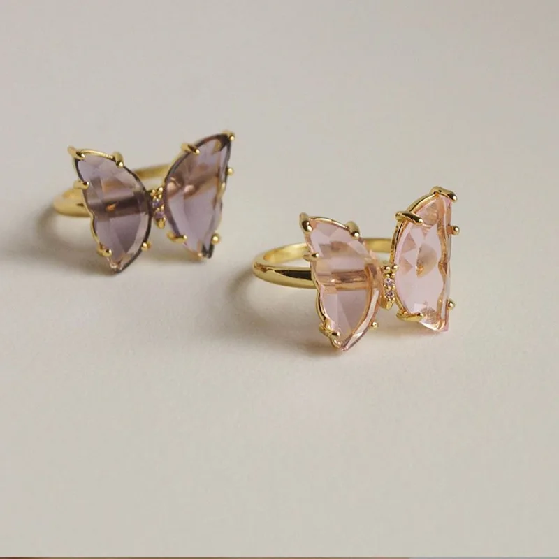 

2021 New Korean Trendy Sweet Color Transparent Crystal Butterfly Adjustable Metal Rings for Women Girls Party Jewelry