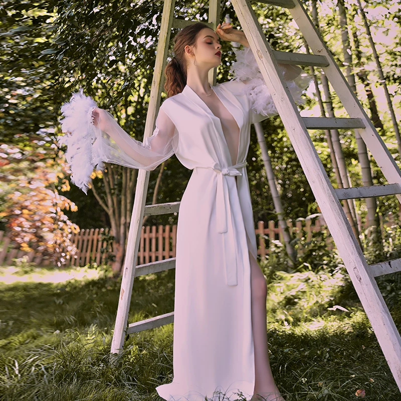 

Women Elegant Pajama Embroidery Lace-up Long Nightgown Satin Silky Cardigan Home Clothing Stitching Mesh Yarn Feather Cuffs Robe