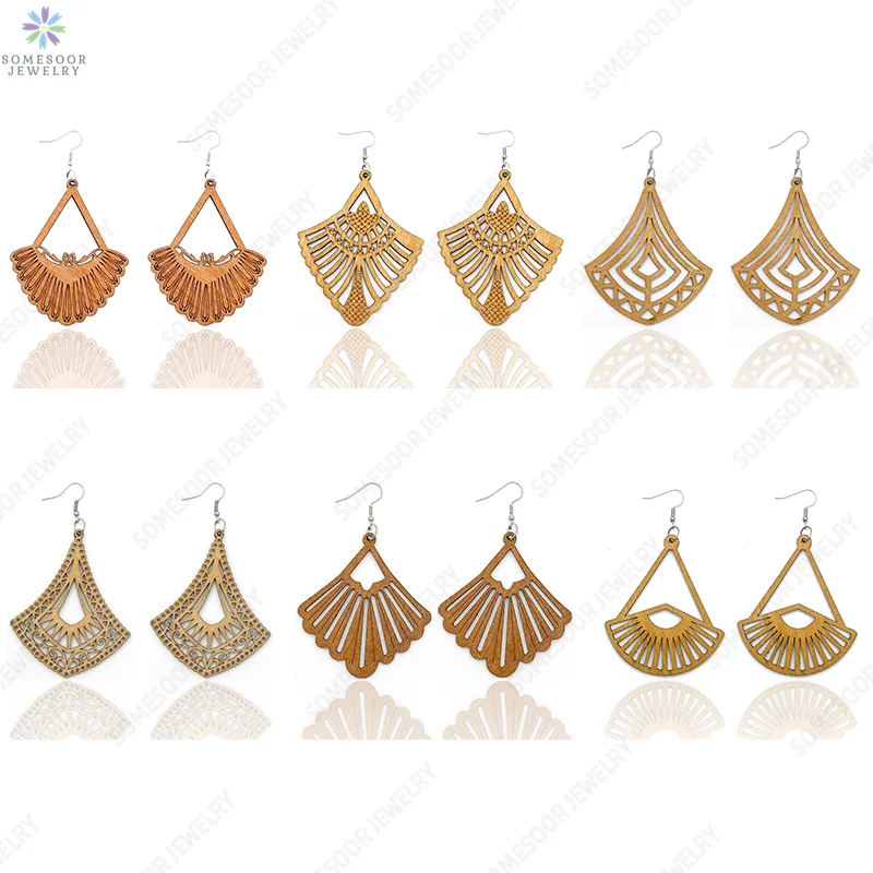 

SOMESOOR Geometric Engraved Cutting Natural Wooden African Drop Earrings Brown Color Big Ethnic Dangle Jewelry For Women Gifts