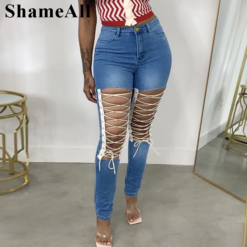

Plus Size High waist Hollow Out Criss Cross Lace Up Y2K Blue Jeans 3XL Women Street Slim Ripped Skinny Denim Melody Pencil Pants