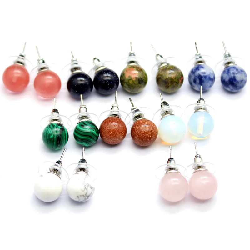 

10mm Round Natural Stone Pink Crystal Stud Earrings for Women Stainless Steel Studs Fashion Jewelry Wholesale Supplier