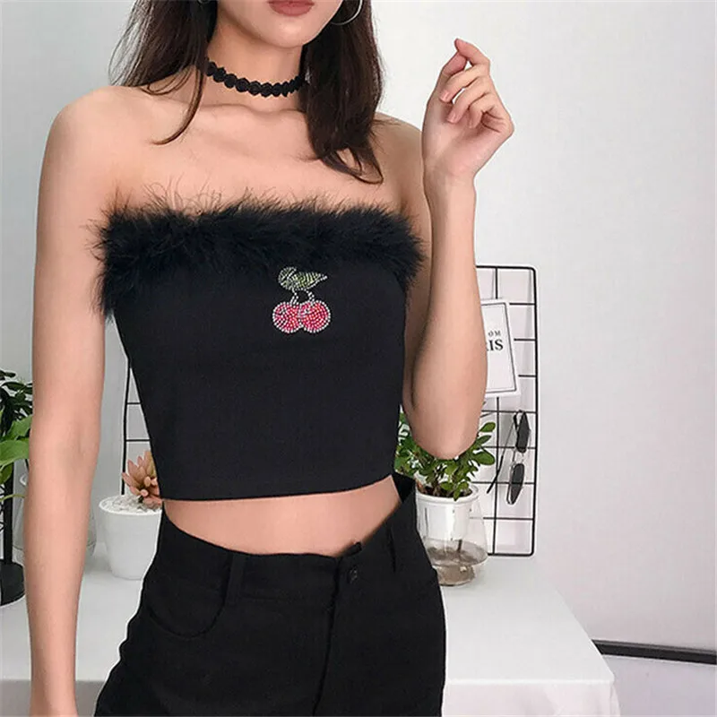 Summer New Fashion Ladies Bustier Off Shoulder Cherry Print Rhinestone Wrap Chest Sexy Women Feather Crop Tops Strapless Vest | Женская
