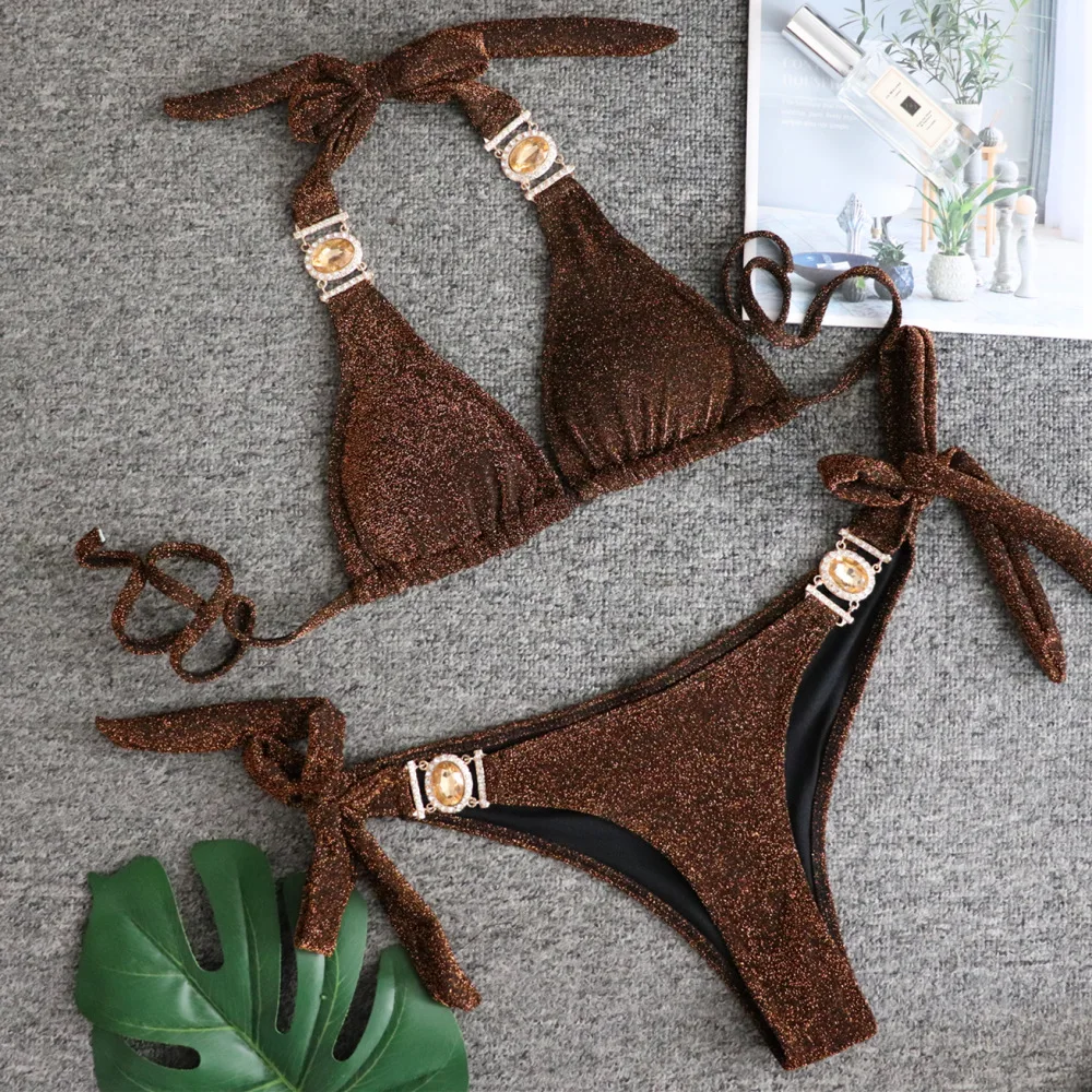 

Missord 2021 Solid Color Glitter bandage Halter Women Bikini Set Fashion Summer Beach Swimsuit MB024