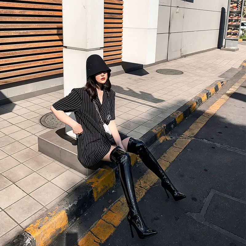 Sgesvier Over knee boots women's boots shiny patent leather boots sexy thigh boots high heels jazz dance pointed toe thin heels