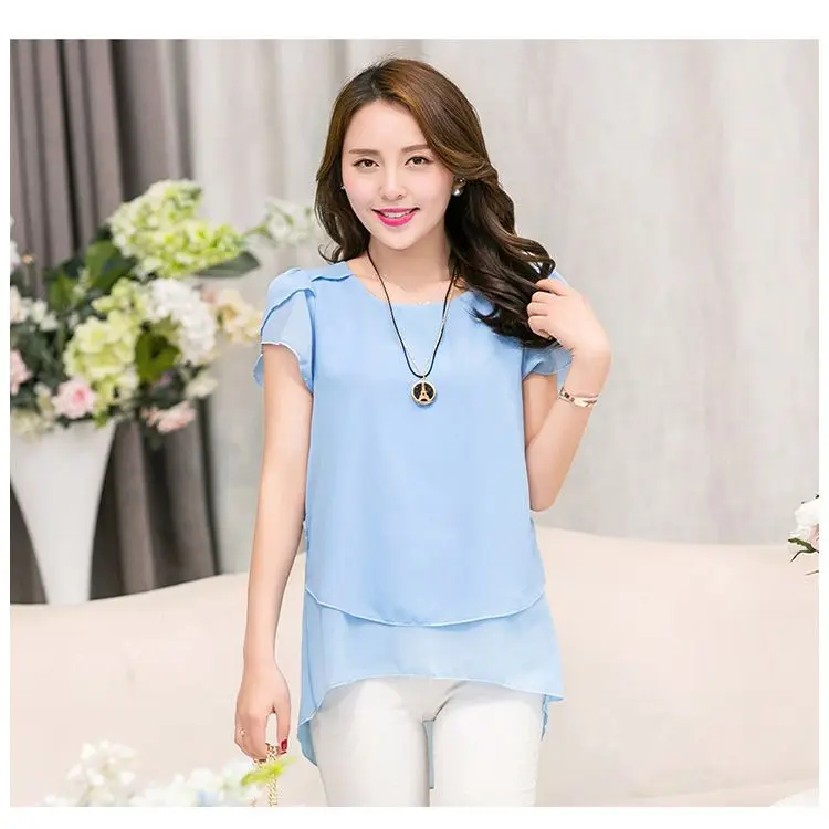 

New fashion Womens Round Neck Shirts Loose Fit Casual Chiffon Summer T-shirt Short Sleeve Solid Elegant Blouse Vintage Soft Tops