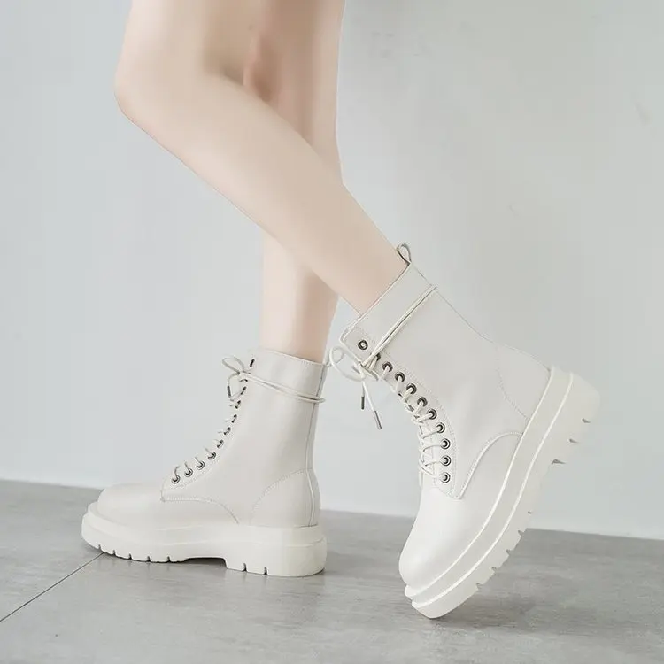 High-top Martin Boots Female Korean Fashion Lace-up Handsome Motorcycle Boots Plus Velvet Boots Shoes Women  High Heel Boots