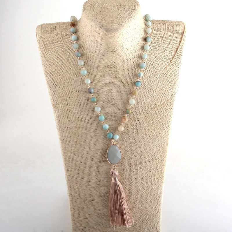 Женская цепочка из натурального камня RH длинная с подвеской кисточкой ожерелье