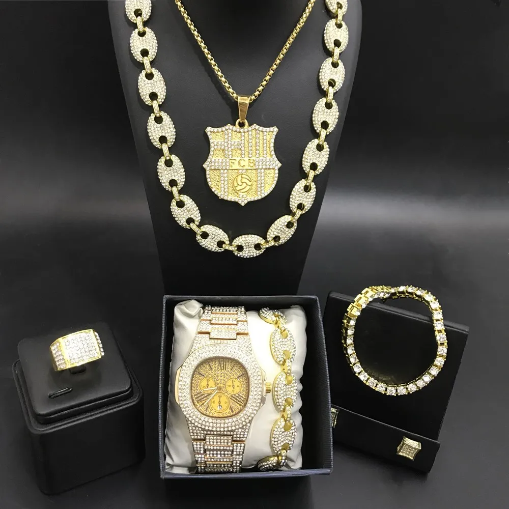 Роскошные мужские золотистые часы, ожерелье, браслеты, кольцо и серьги, комплект из кубинской бижутерии со стразами для мужчин