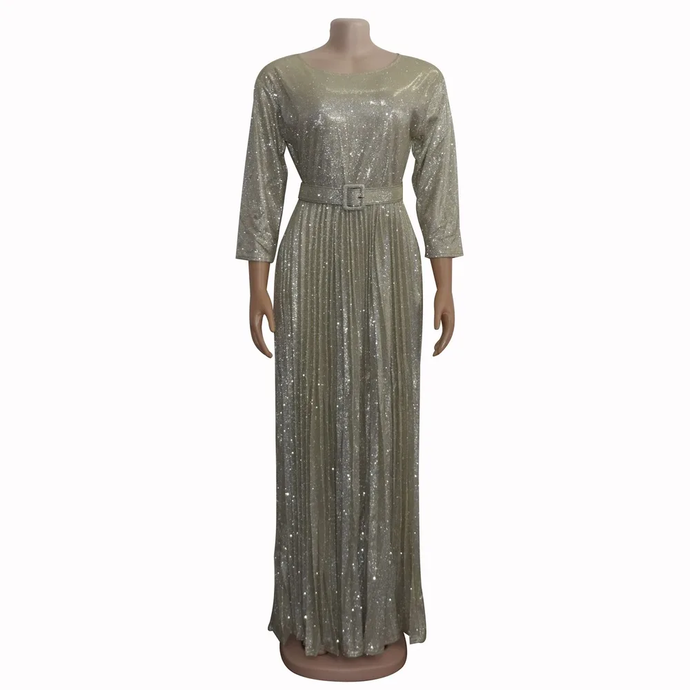 

Sequins Long Dress Women full sleeve african clothes Belt Pleated Party Night Vestidos Dance Wedding Prom Slim Fit Dresses 2020