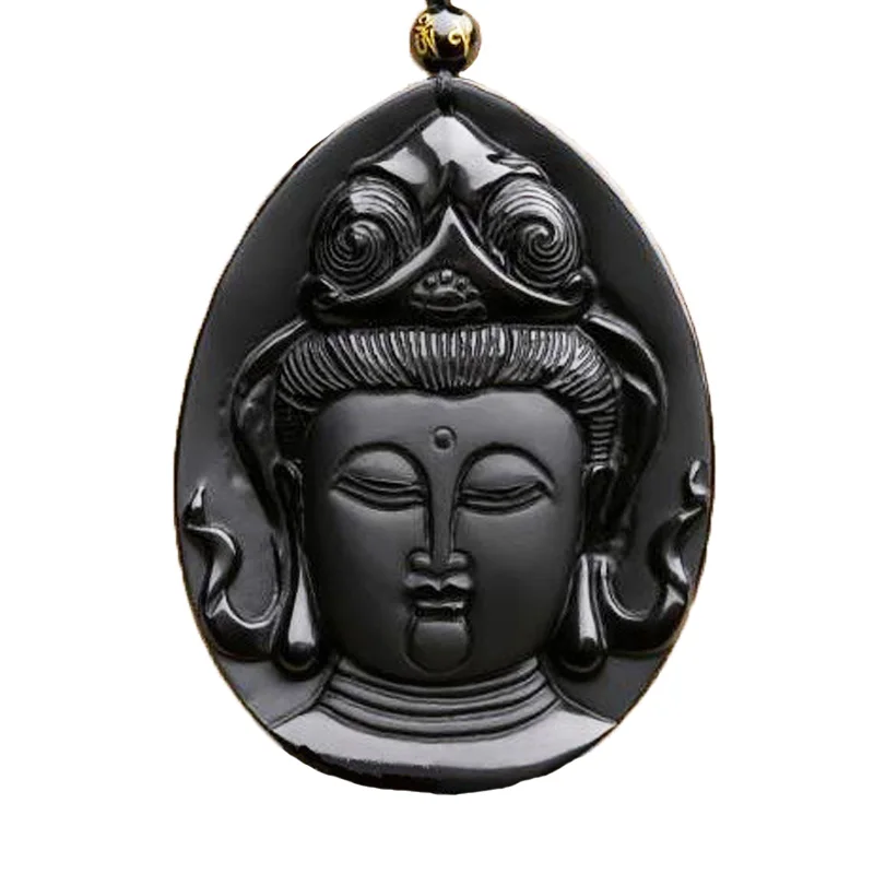 Мужское Ожерелье Подвеска черный обсидиан с изображением Будды и Гуаньинь