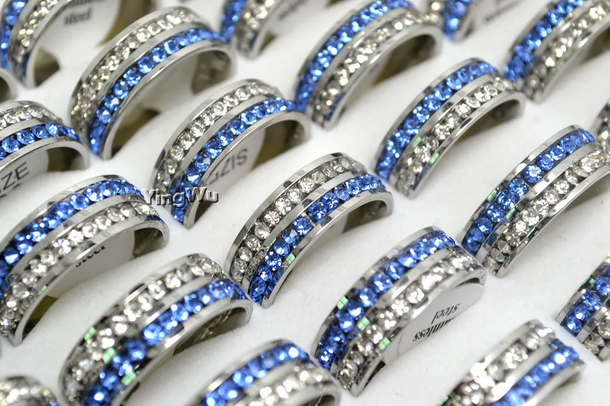 

Yingwu 2 Row Lines Crystal Wedding Rings For Women Fashion Rhinestone Stainless Steel Female Jewelry 20pcs