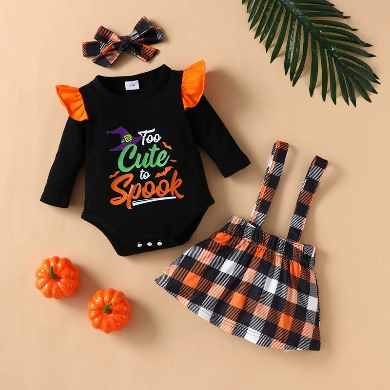 

Baby Halloween Clothes Baby Girl Clothes 3 Pcs Sets Letter Flying Sleeve Long Sleeve Tops+Suspender Skirt+headband 0-18M