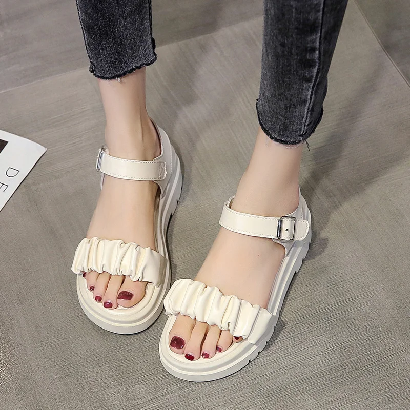 

Women Platform Sandals 2021 Summer Fashion Black Chunky Sole Ankle Buckle Shoes Casual Pleated Strap Woman White Sport Sandal