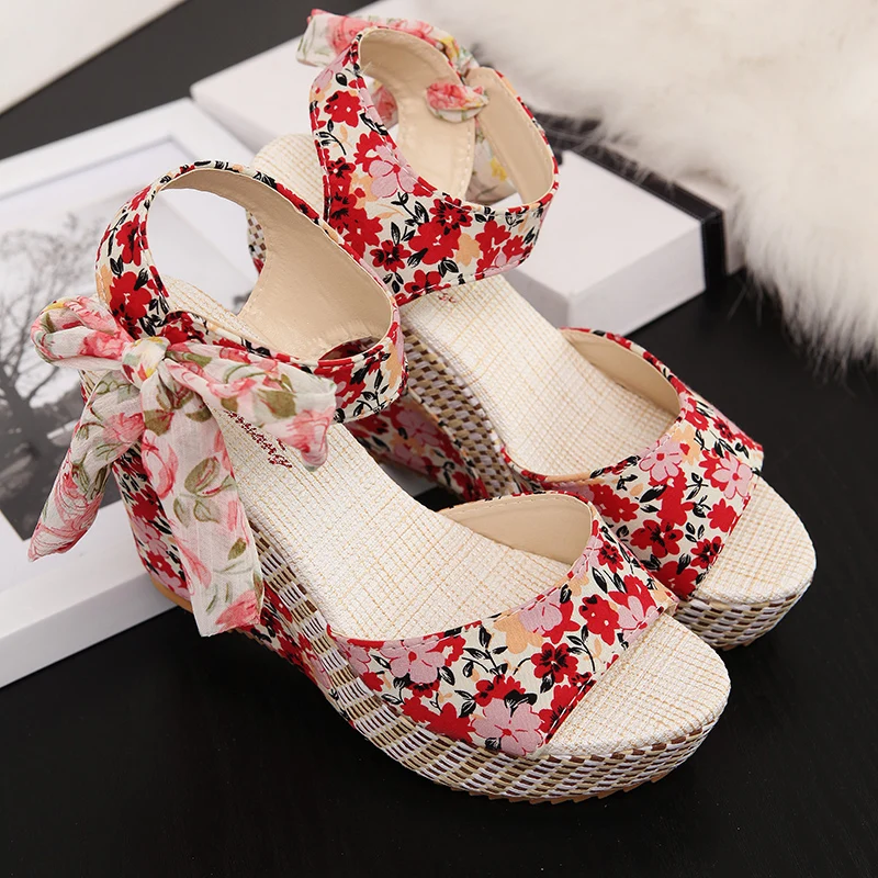 

KAMUCC Summer Beach Boho Floral Wedge Sandals Women Ankle Strap Platform Gladiator Shoes Woman High Heels Sandalias Mujer 2020