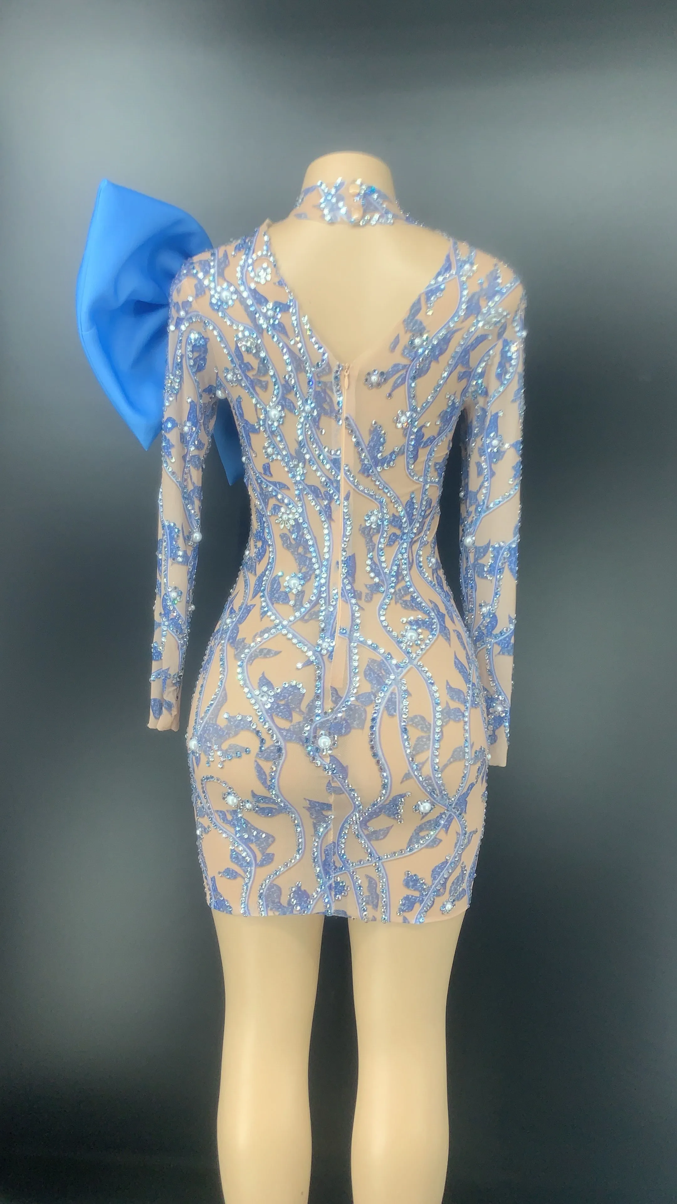 

6 Colors Big Bow Rhinestones Pearls Printed MINI Dress Birthday Celebrate Mesh Dress Female Singer Show Dress YOUDU