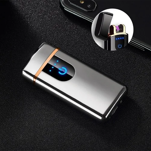 Серебристый Smart Touch сенсор USB перезаряжаемая двойная дуга беспламенная плазменная электрическая зажигалка датчик отпечатков пальцев Светодиодный дисплей питания - Цвет: Серебристый