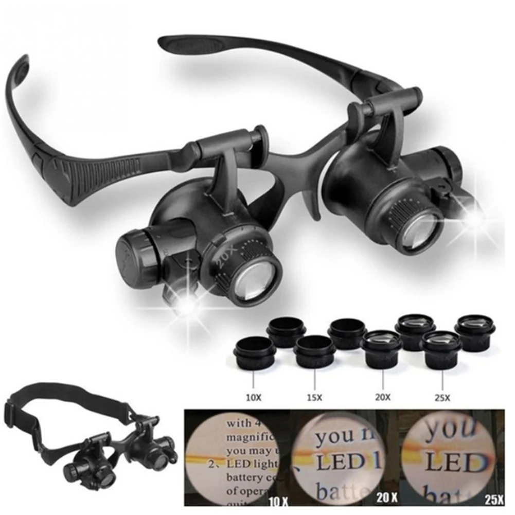 

Headband LED Light Eyes Glasses Magnifier 2.5X 4X 6X 8X 10X 15X 20X 25X Optical Lens Glass Loupe For Home Repair Fast delivery