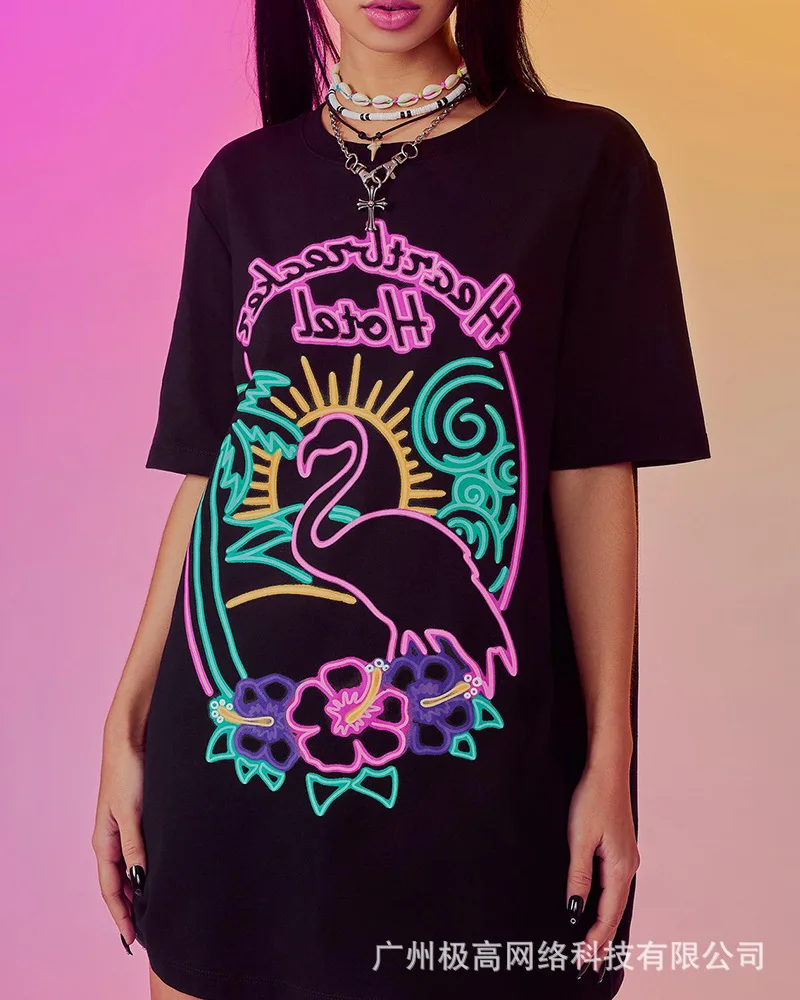 

Женская свободная футболка с флуоресцентными буквами и коротким рукавом, Новинка лета 2021