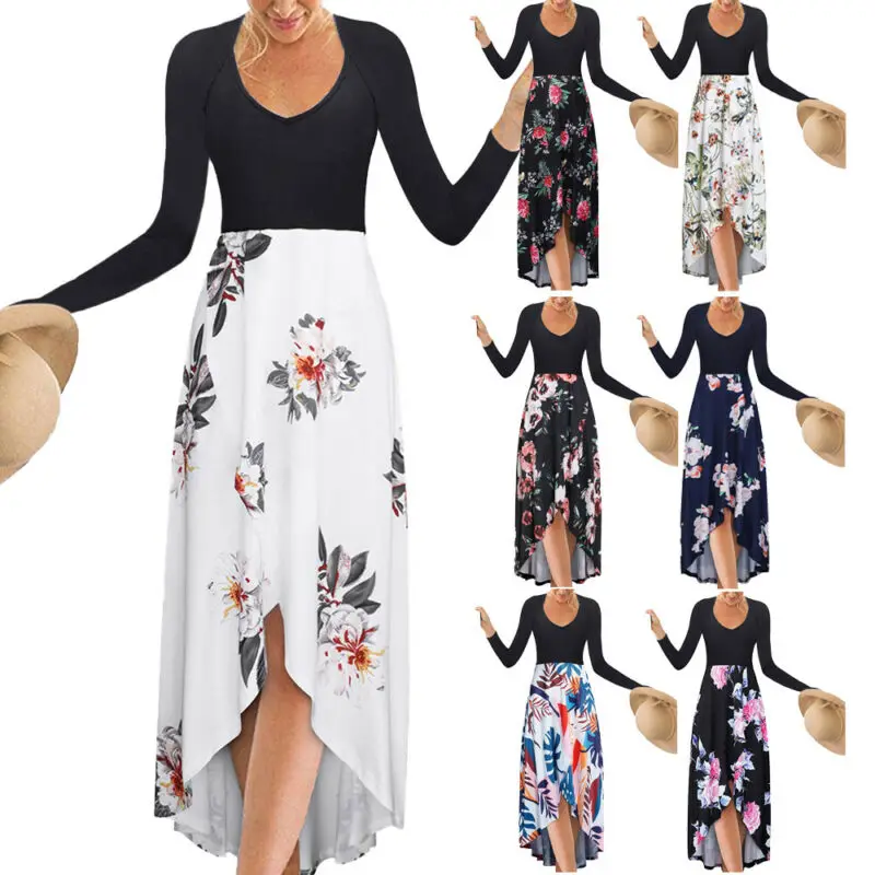 2019 Новое модное женское платье Бохо цветочный длинный рукав вечерняя коктейль