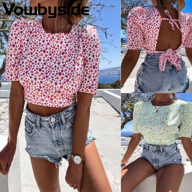 

Summer New Women's T-shirt Floral Backless Casual Fashion Short Sleeved Round Neck T-shirt Cropped Top
